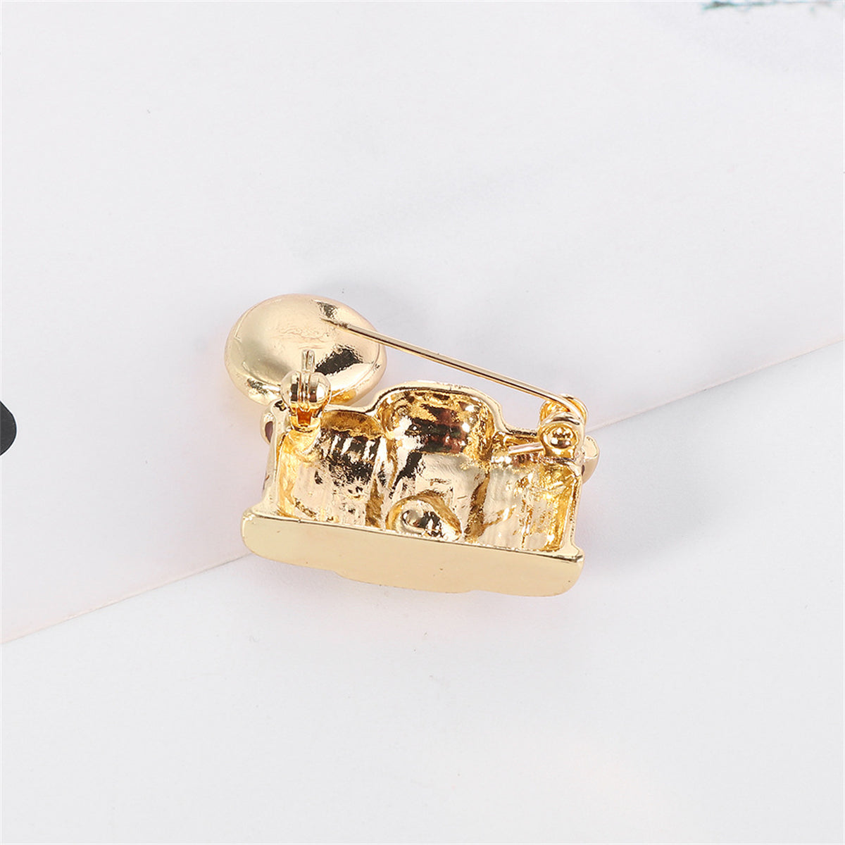 Cubic Zirconia and Gold-Plated Camera Brooch, gold brooch pin, dainty minimalist design, detail close-up