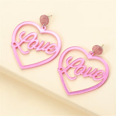 Pink & Silver-Plated Open Heart 'Love' Drop Earrings