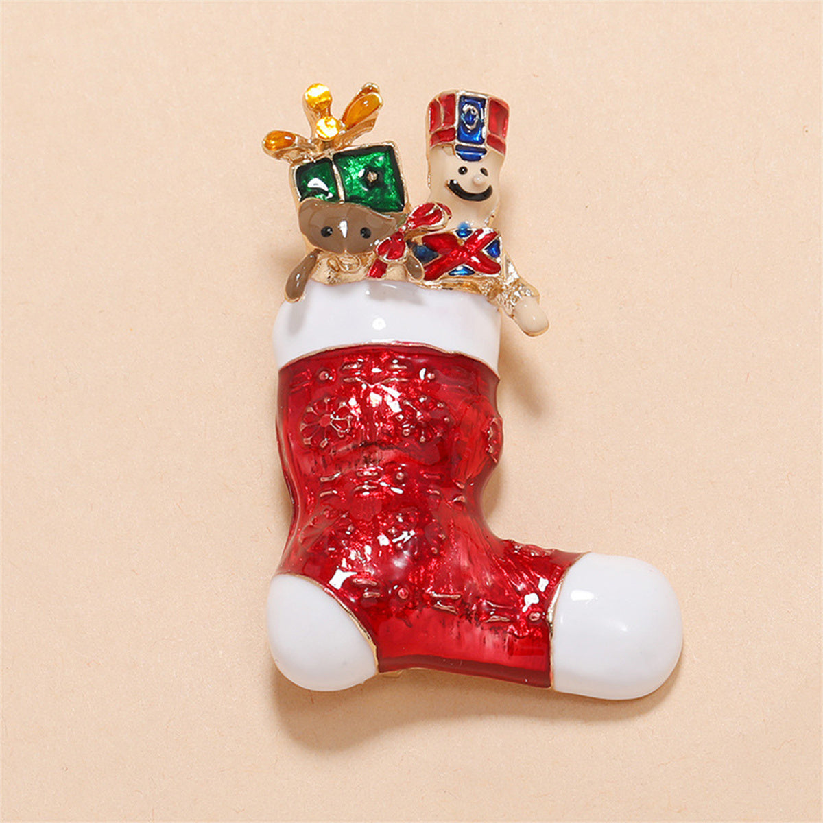 Red Enamel and 18K Gold-Plated Christmas Stocking Brooch, gold brooch pin, dainty minimalist design, lifestyle look