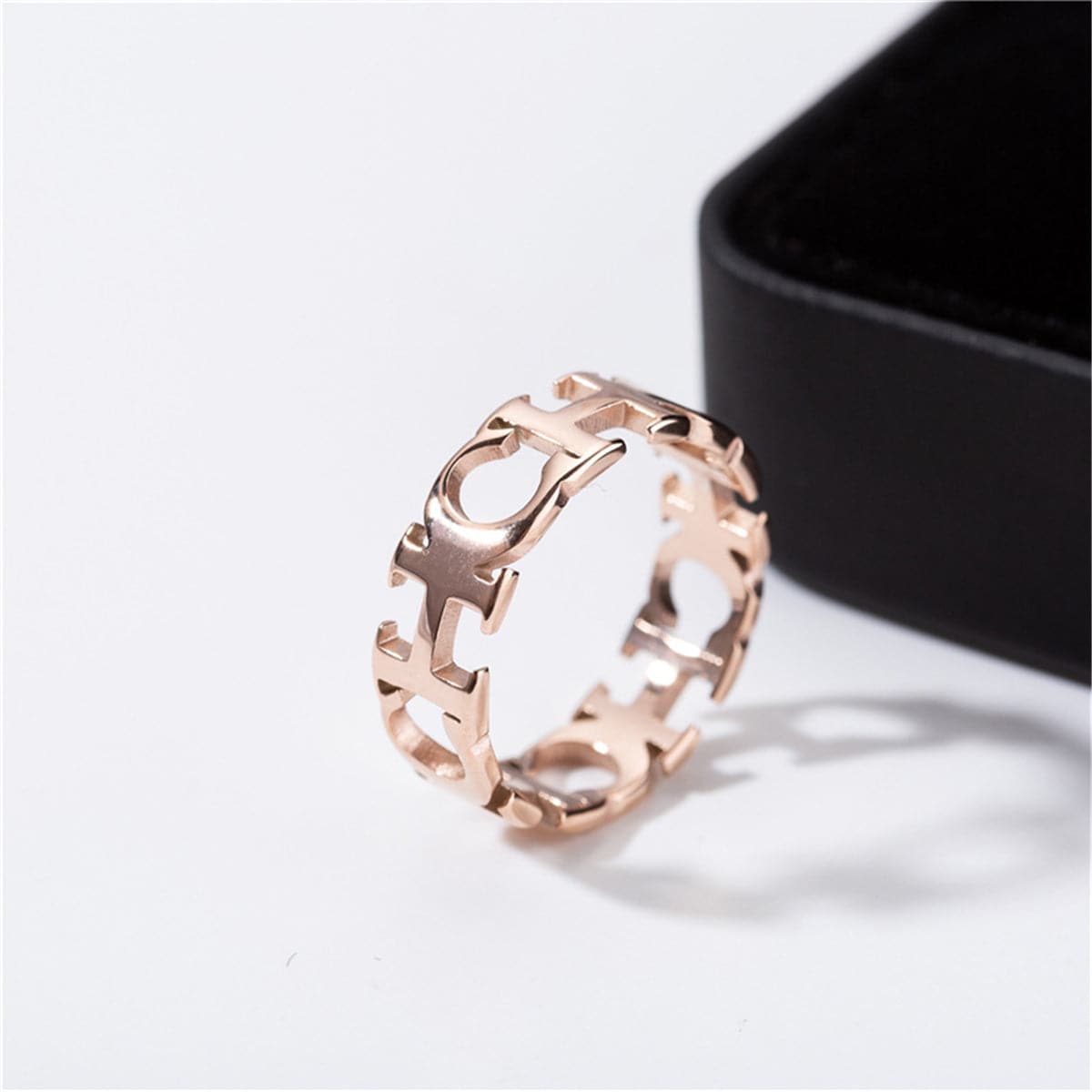 18K Rose Gold-Plated 'CH' Band Ring, rose gold statement rings for women, everyday style, styled look