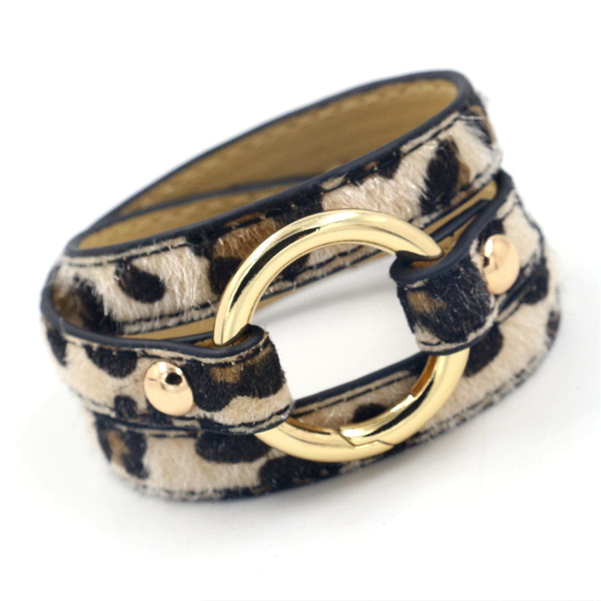 Tan Polyurethane and 18K Gold-Plated Leopard Print Wrap Bracelet, gold bracelet for women, vintage-inspired design, side view