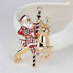 Cubic Zirconia & 18K Gold-Plated Santa Claus & Reindeer Brooch
