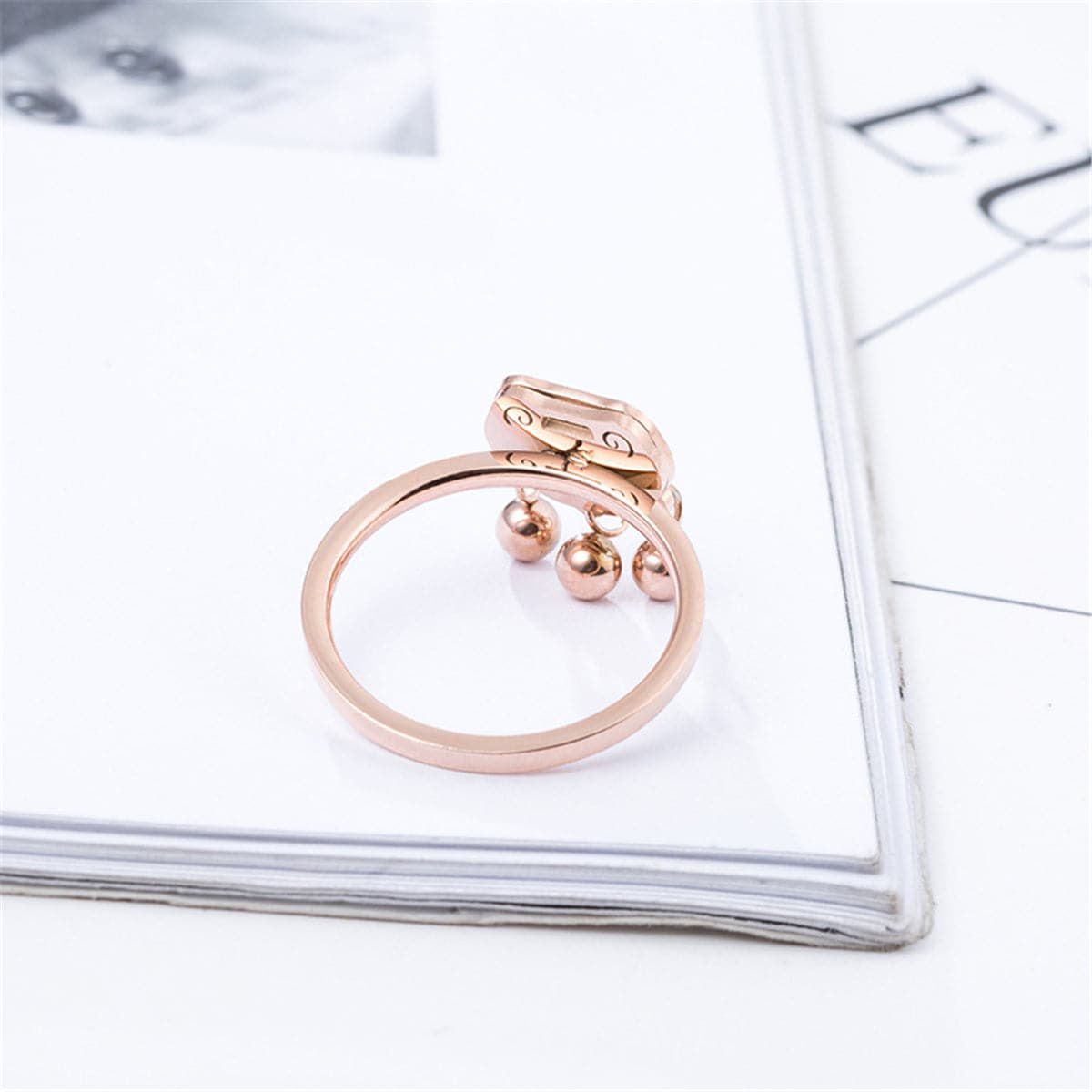 18K Rose Gold-Plated Lock Of Longevity Band Ring, rose gold statement rings for women, dainty minimalist design, styled look