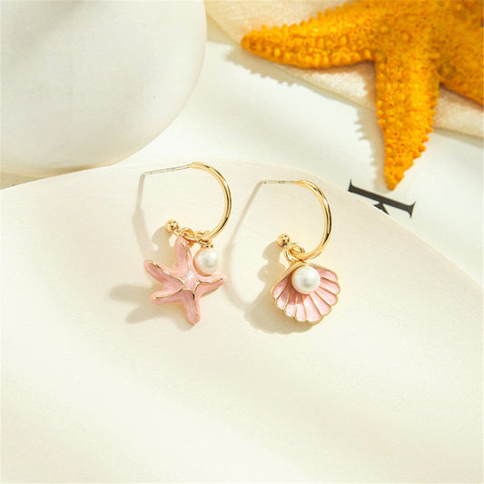 Red Enamel and Pearl 18K Gold-Plated Shell and Starfish Drop Earrings, gold drop earrings for women, side view
