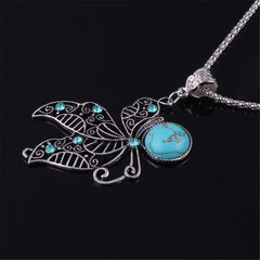 Turquoise & Cubic Zirconia Silver-Plated Butterfly Pendant Necklace