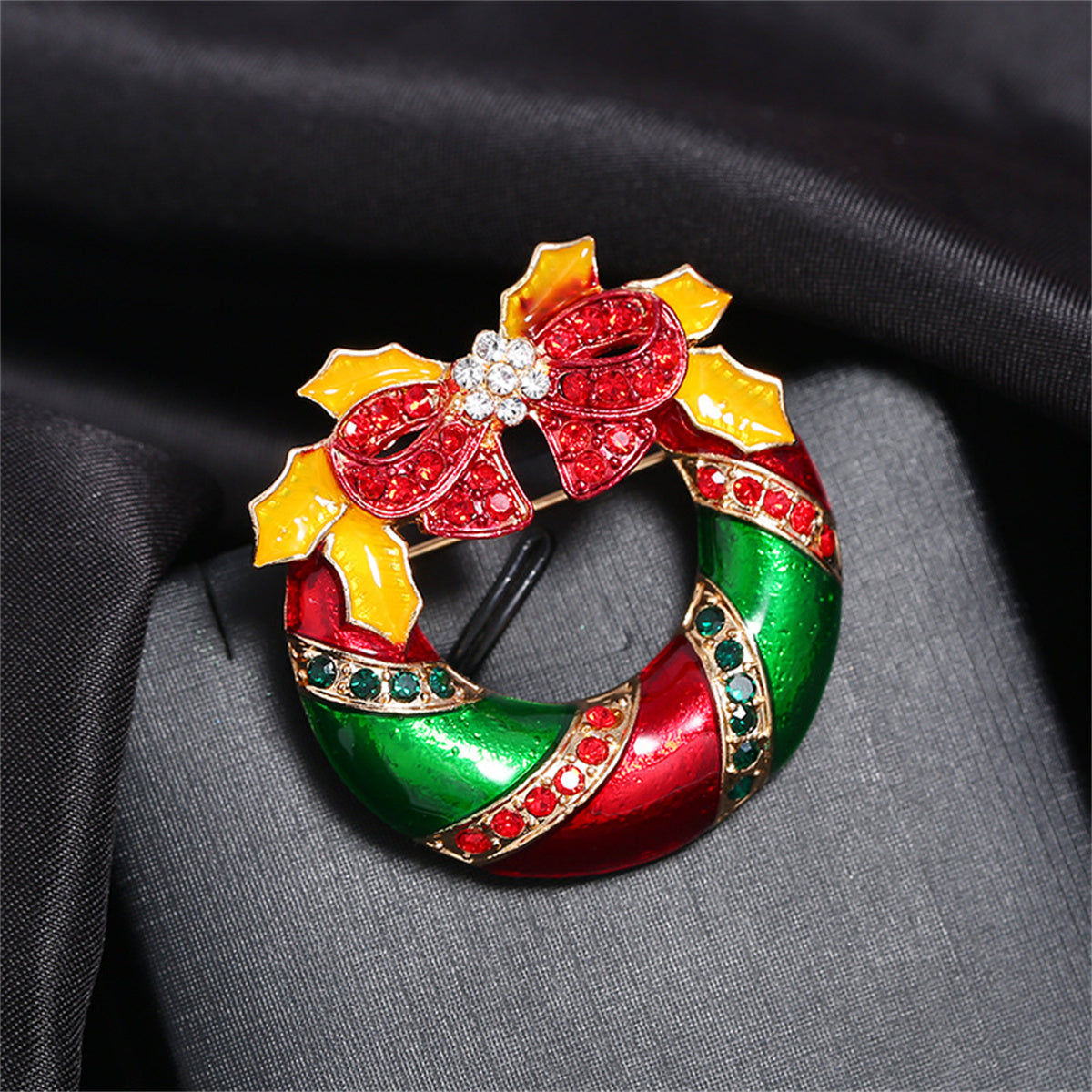 Red Cubic Zirconia and Enamel 18K Gold-Plated Christmas Bow Wreath Brooch, gold brooch pin, lifestyle look