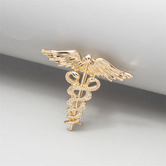 Beautifully crafted 18K gold-plated caduceus brooch, showcasing angel wings and a snake, a perfect symbol of medical expertise.