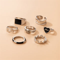 Black Enamel & Silver-Plated 'Good Luck' Cutout Ring Set