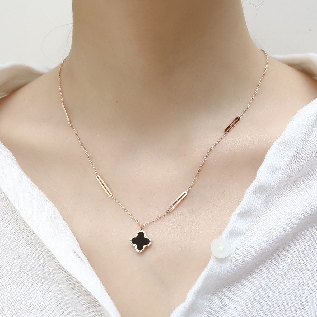 Black Acrylic & 18K Rose Gold-Plated Clover Pendant Necklace