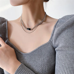 Black Enamel & Silver-Plated Curb Chain Layered Choker