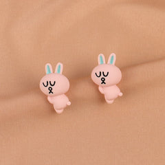 Pink & Silver-Plated Cartoon Rabbit Stud Earrings