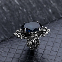 Blue Crystal & Silver-Plated Oval Filigree Ring - streetregion