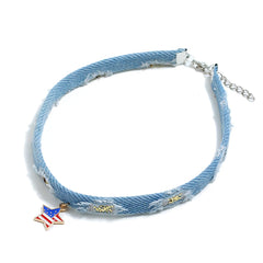 Light Blue Enamel & Polyster Two Tone American Flag Star Choker Necklace