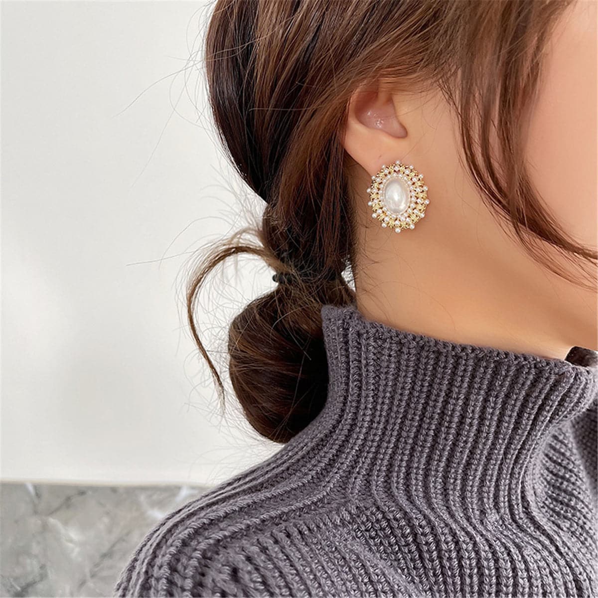 Pearl and 18K Gold-Plated Oval Stud Earrings, gold stud earrings for women, botanical inspired, lifestyle look