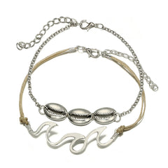 Silver-Plated Shell & Wave Charm Anklet Set