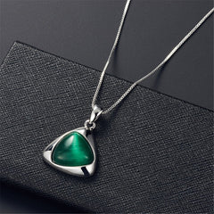 Green & Silver-Plated Triangle Pendant Necklace & Stud Earrings