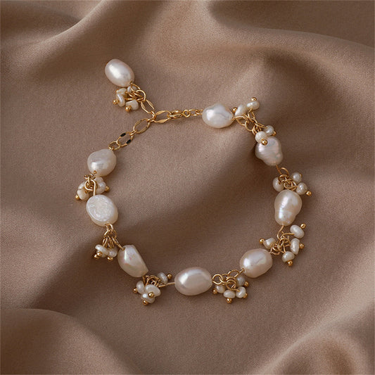 Pearl and 18K Gold-Plated Botany Station Bracelet, gold bracelet for women, botanical inspired, side view