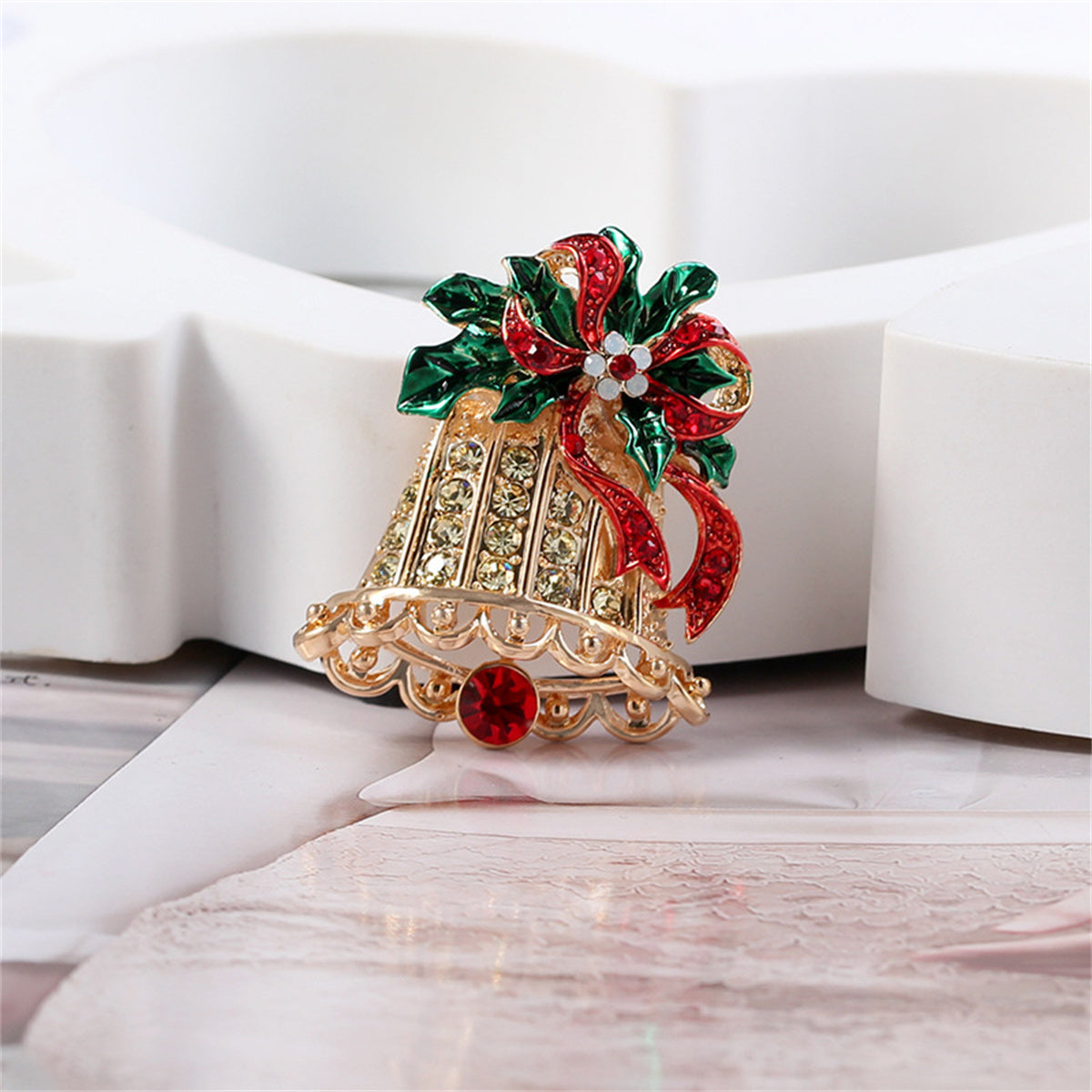 Cubic Zirconia and Enamel 18K Gold-Plated Christmas Bow Bell Brooch, gold brooch pin, elegant gift for her, detail close-up