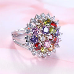 Jewel-Tone Cubic Zirconia & Platinum-Plated Sunflower Ring - streetregion
