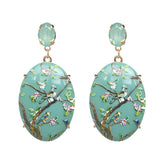 Green Crystal & 18K Gold-Plated Bird Branch Oval Drop Earrings