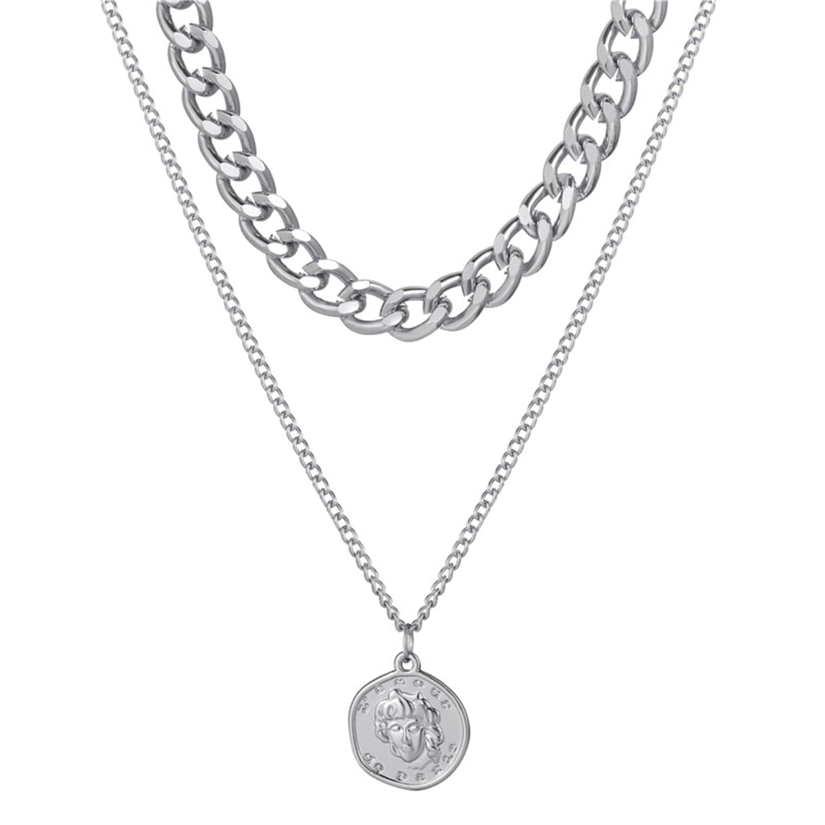 Silver-Plated Coin Figaro Pendant Necklace, silver pendant necklace for women, everyday style, side view