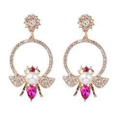 Pink Crystal & Cubic Zirconia Pearl Bee Drop Earrings