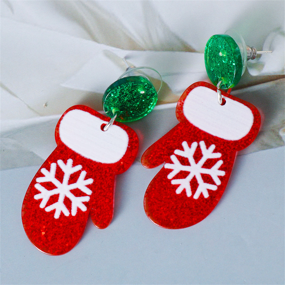 Red & Green Glitter Tiered Snowflake Glove Drop Earrings