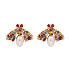 Pearl & Multicolor Cubic Zirconia Bee Stud Earrings
