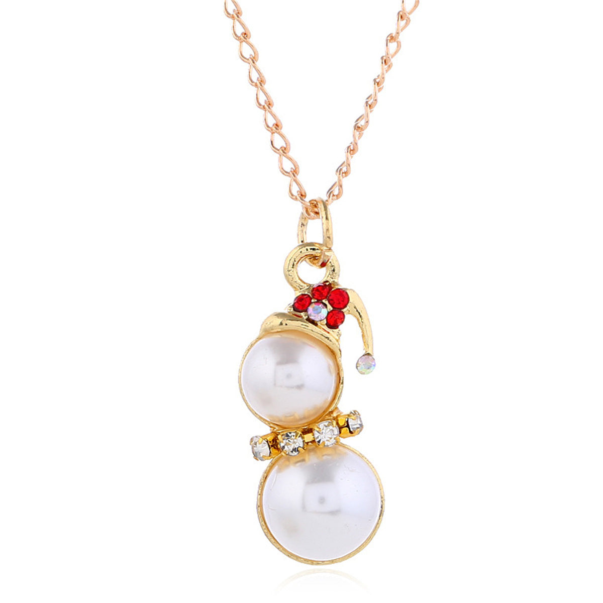 Red Cubic Zirconia and Pearl 18K Gold-Plated Snowman Pendant Necklace Set, gold drop earrings for women, detail close-up