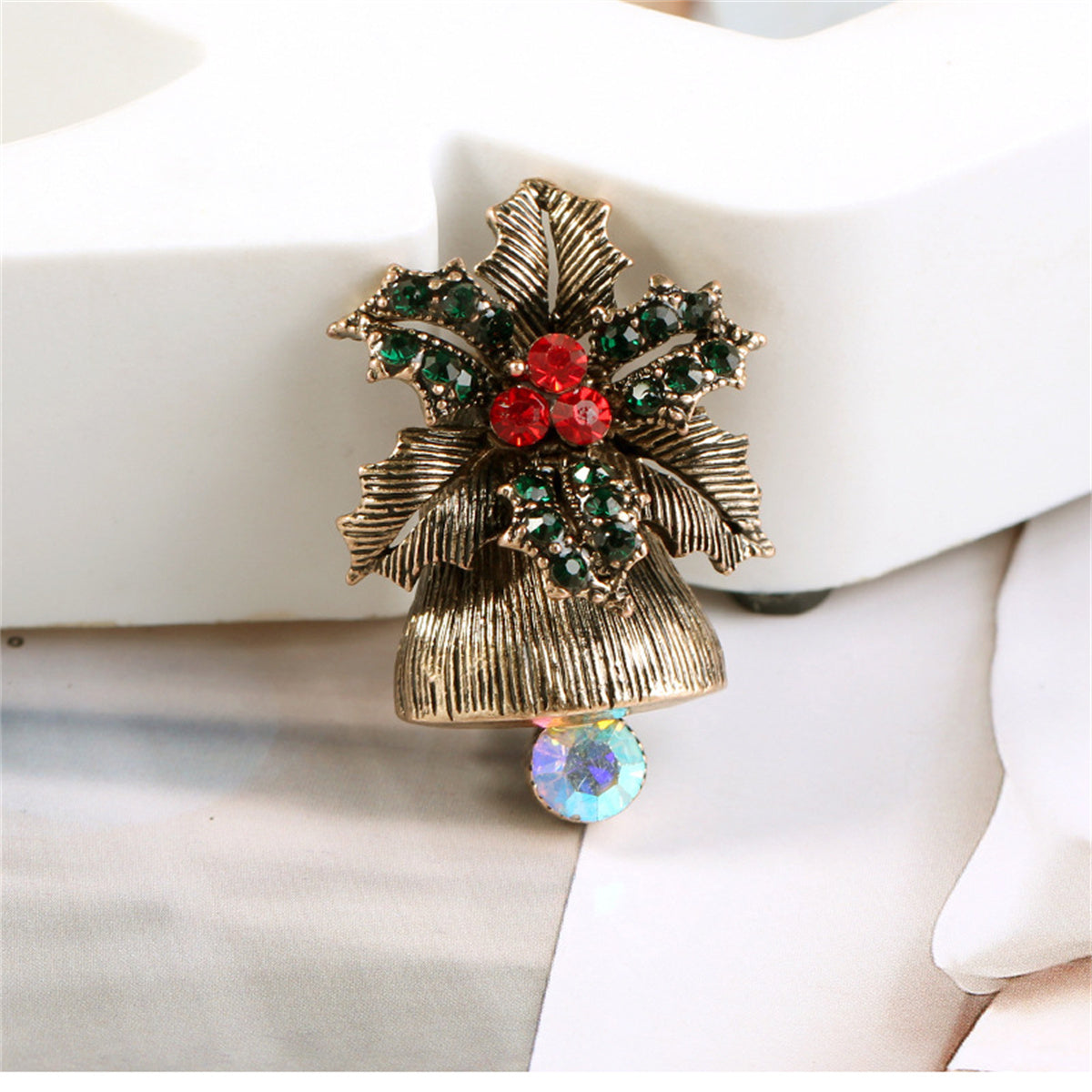 Cubic Zirconia and 18K Gold-Plated Flower Christmas Bell Brooch, gold brooch pin, botanical inspired, side view