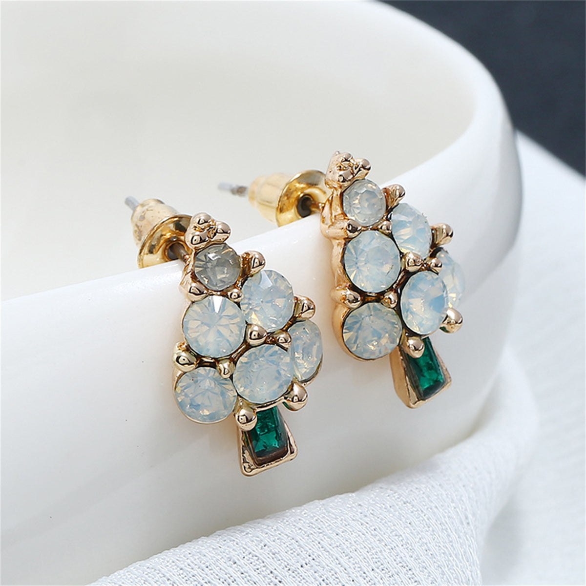 Green Crystal and Cubic Zirconia Christmas Tree Stud Earrings, stud earrings for women, detail close-up