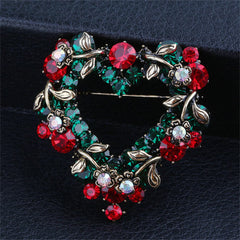 Red & Green Cubic Zirconia Silver-Plated Heart Brooch