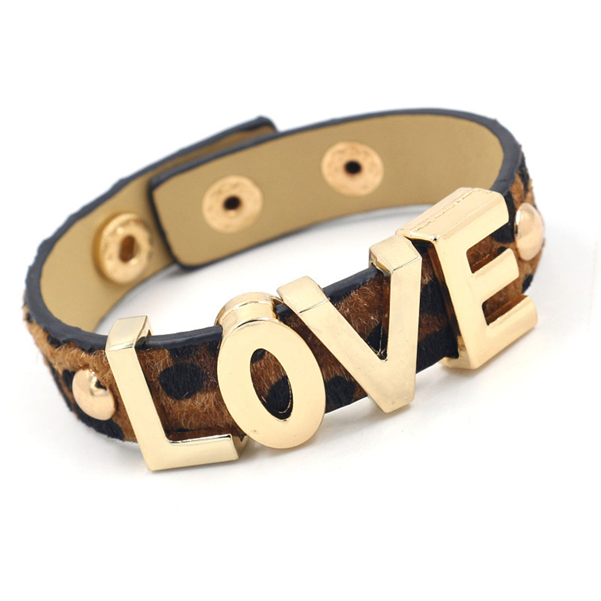 Dark Coffee Polyurethane and 18K Gold-Plated Leopard 'Love' Bracelet, gold bracelet for women, everyday style, side view