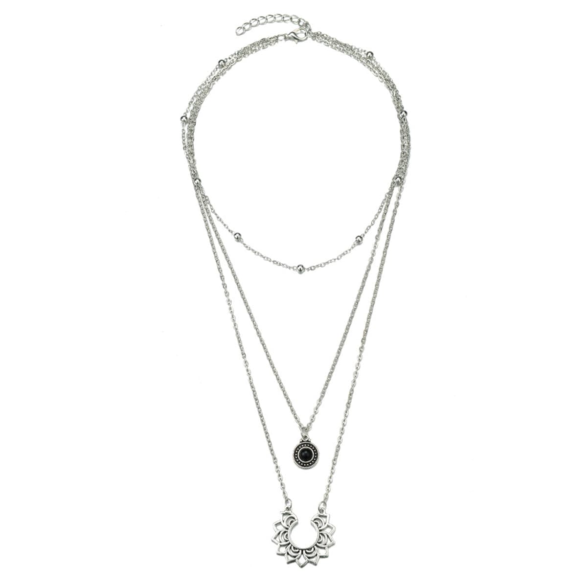 Black Resin and Silver-Plated Sunflower Layered Pendant Necklace, chunky silver choker necklace, everyday style, styled look