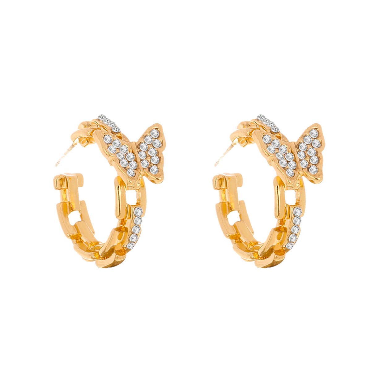 Cubic Zirconia and 18K Gold-Plated Chain Butterfly Huggie Earrings, gold huggie earrings, everyday style, lifestyle look