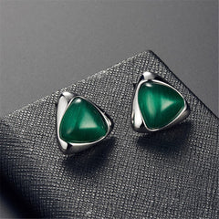 Green & Silver-Plated Triangle Pendant Necklace & Stud Earrings