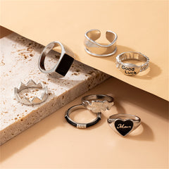 Black Enamel & Silver-Plated 'Good Luck' Cutout Ring Set