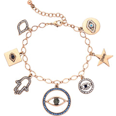 A chic bracelet with evil eye, star, and lips charms, made of cubic zirconia and plated in 18K gold.
