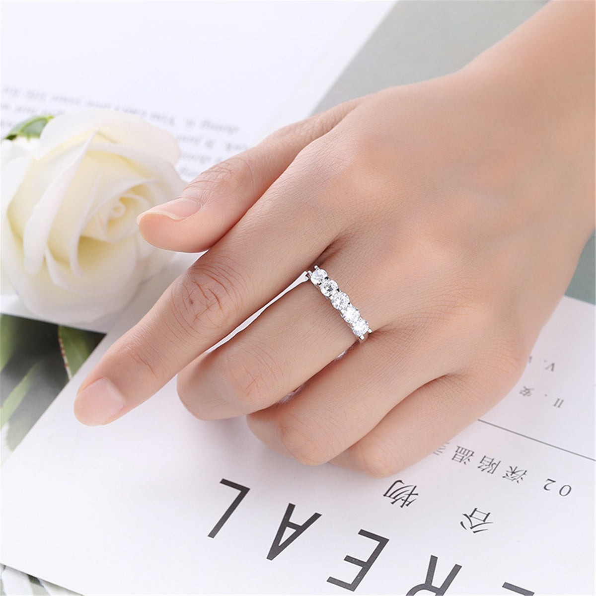 Crystal and Silver-Plated Five-Stone Ring, silver statement rings for women, elegant gift for her, styled look