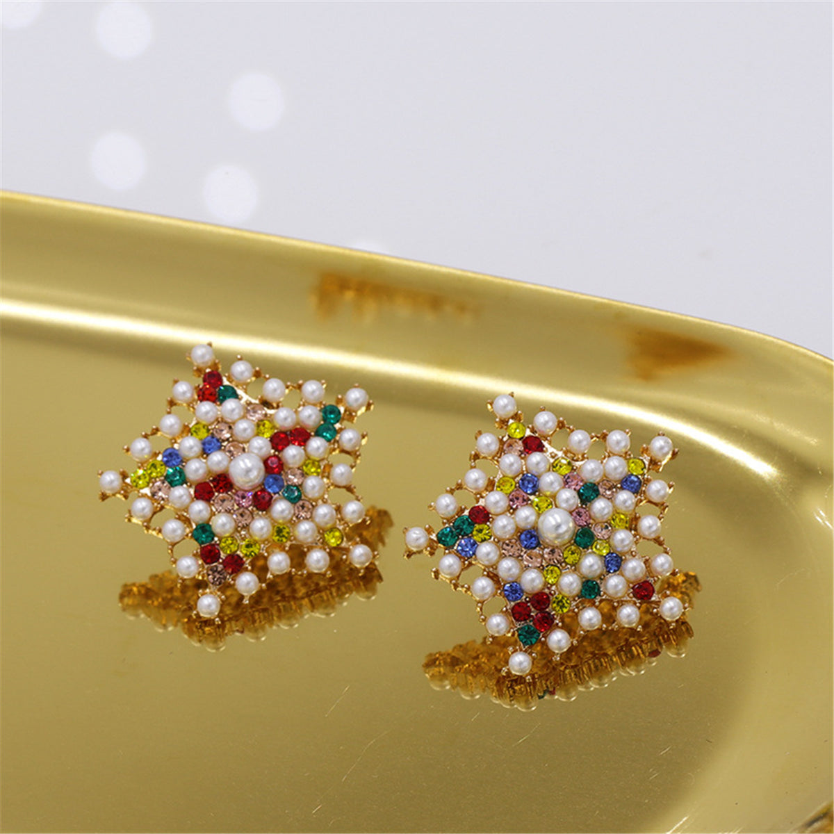 Red and Blue Cubic Zirconia Pearl Star Stud Earrings, stud earrings for women, dainty minimalist design, side view