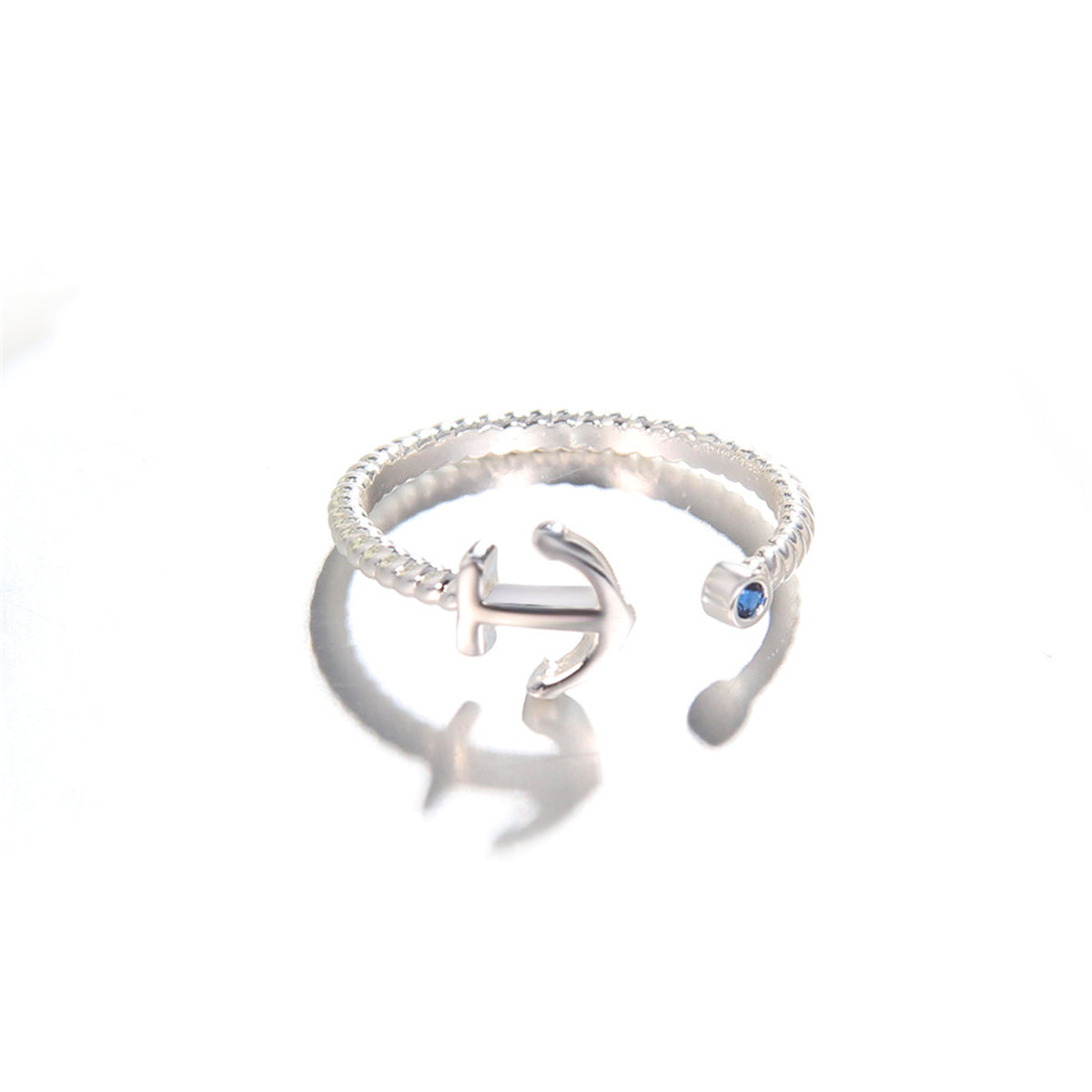 Blue Cubic Zirconia and Silver-Plated Anchor Open Ring, silver statement rings for women, styled look