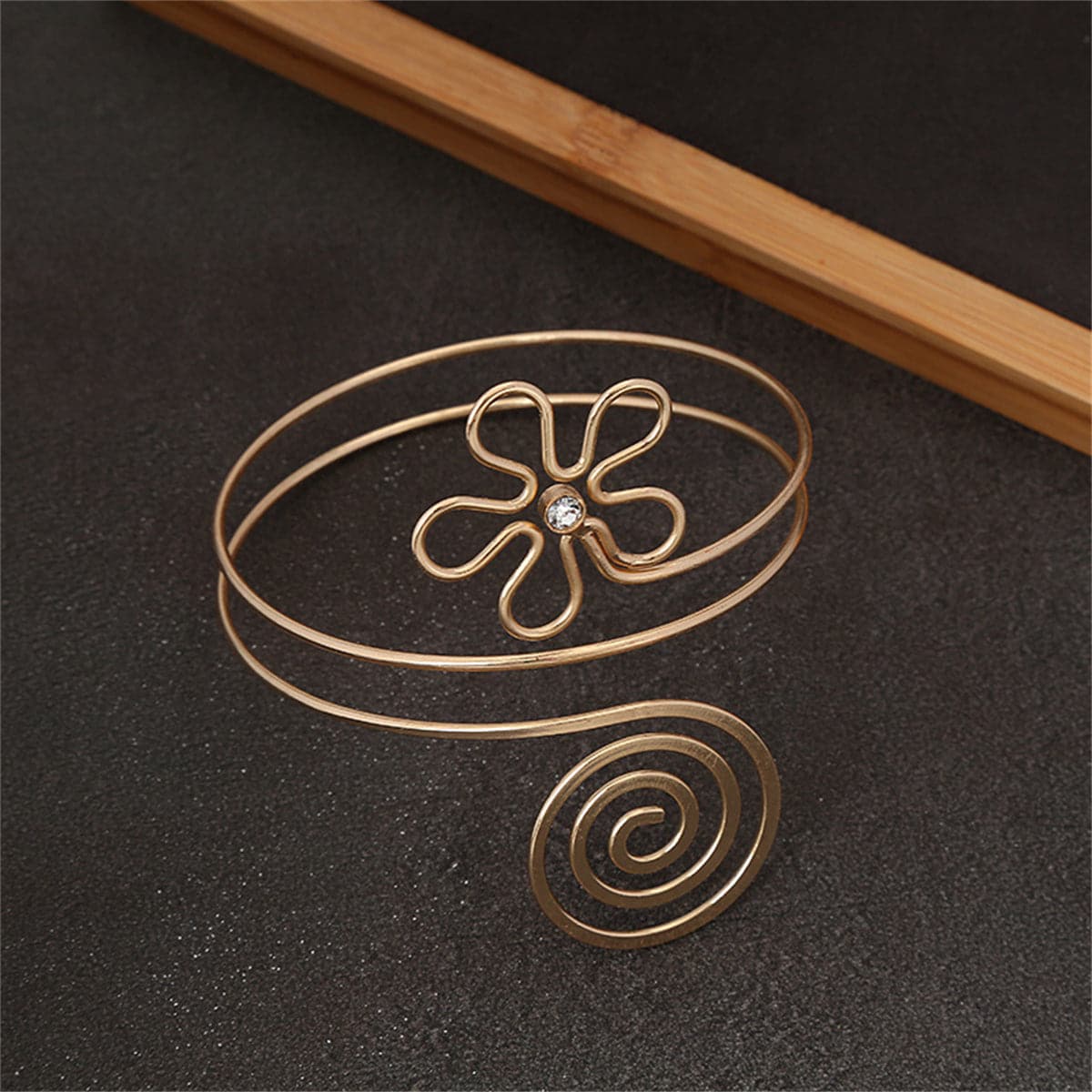Cubic Zirconia and 18K Gold-Plated Floral Swirl Arm Cuff, everyday style, side view