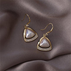 Stunning 18K gold-plated drop earrings in an open-triangle shape, embellished with white cubic zirconia and pearls.