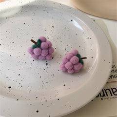 Purple & Green Wool Fuzzy Grape Bunch Stud Earrings
