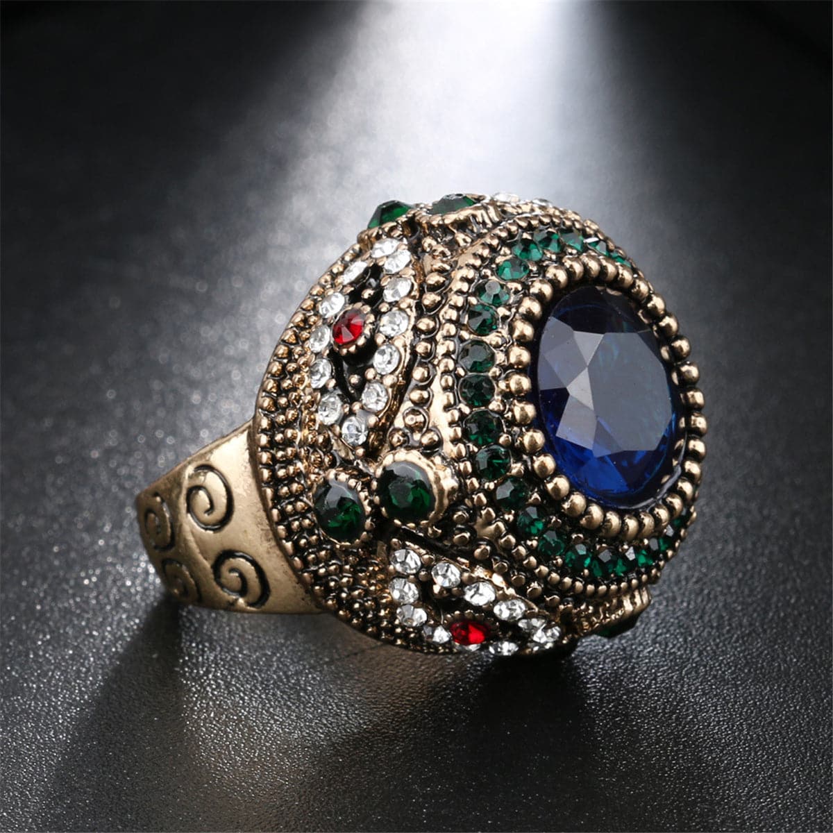 Blue Cubic Zirconia and 18K Gold Plated Round Ring, gold statement rings for women, vintage-inspired design, lifestyle look