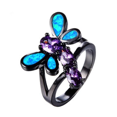 Blue Opal & Purple Crystal Dragonfly Openwork Ring - streetregion