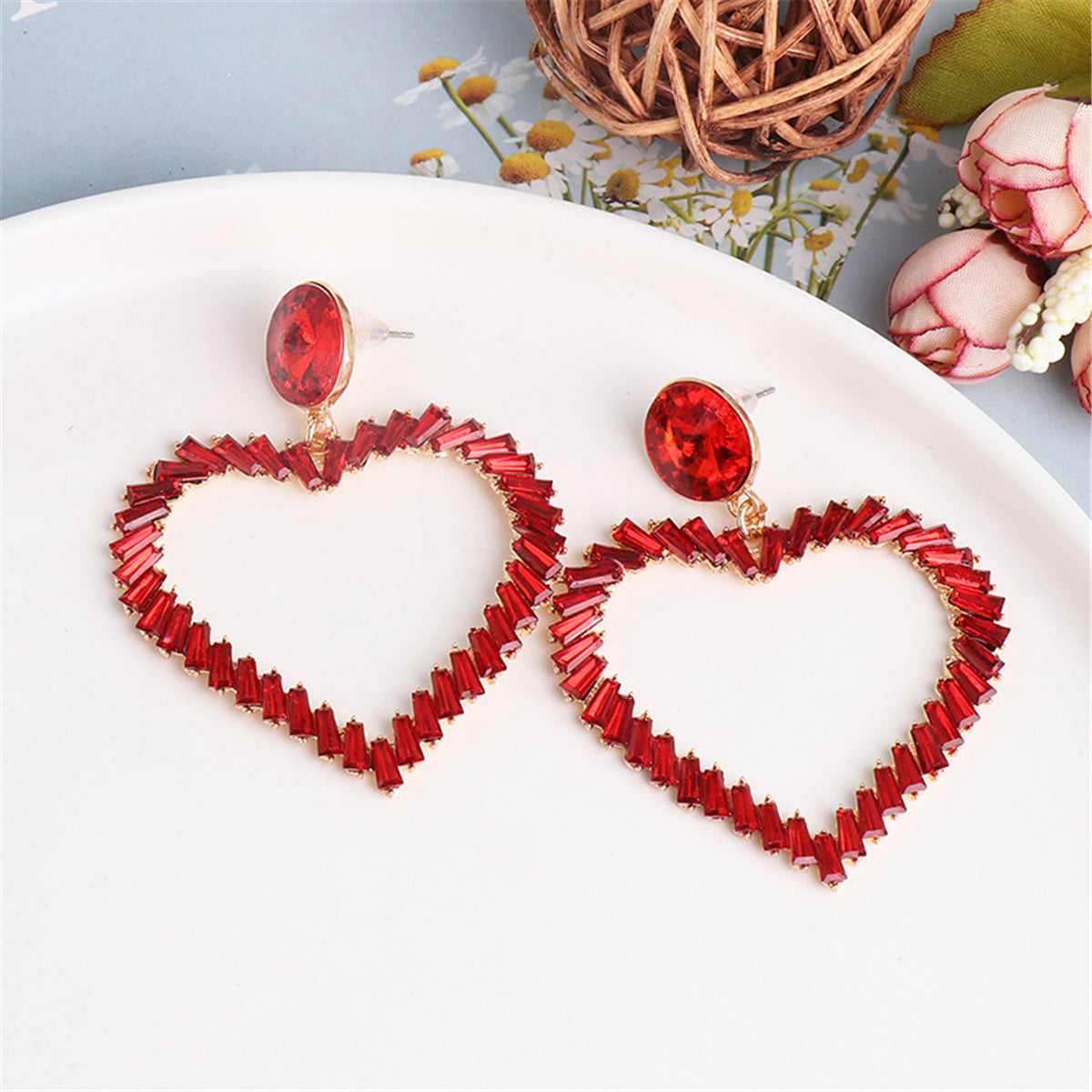 Red Crystal and 18K Gold-Plated Open Heart Drop Earrings, gold drop earrings for women, elegant gift for her, side view