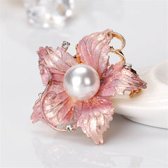 Pearl & Cubic Zirconia Enamel 18k Gold-Plated Flower Brooch