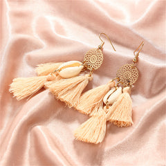 Blush Polyster & Shell 18K Gold-Plated Cowrie Tassel Openwork Drop Earrings