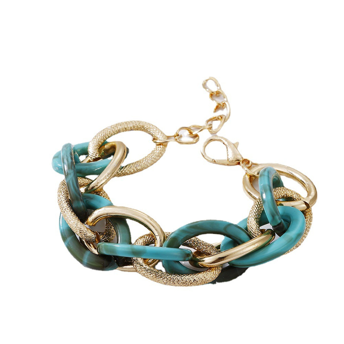Green Acrylic and 18K Gold-Plated Interlocking Chain Bracelet, gold bracelet for women, botanical inspired, side view